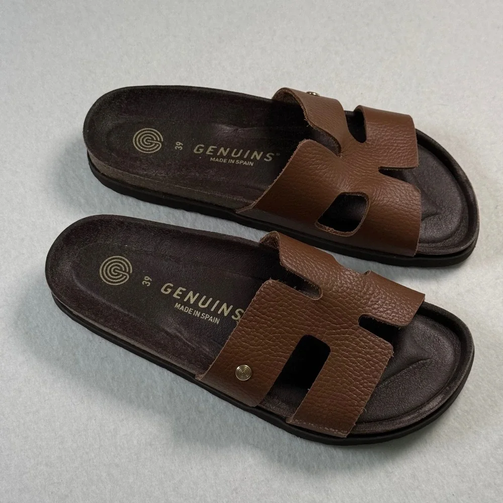 Genuins Brown Leather H-Strap Slide Sandals Made in Spain Womens 39